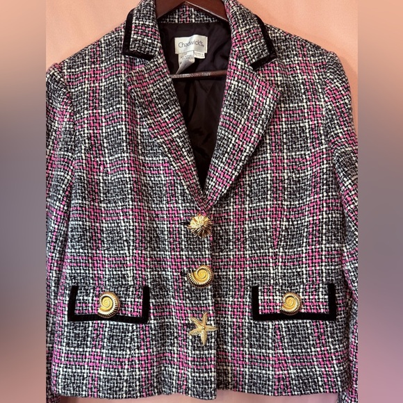 Textured Tweed Blazer Jacket Gold Button Structured Spring Style - Picture 2 of 8